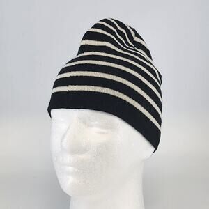 Black White Striped Knit Beanie Hat One Size Unisex Handcrafted Style Winter Cap